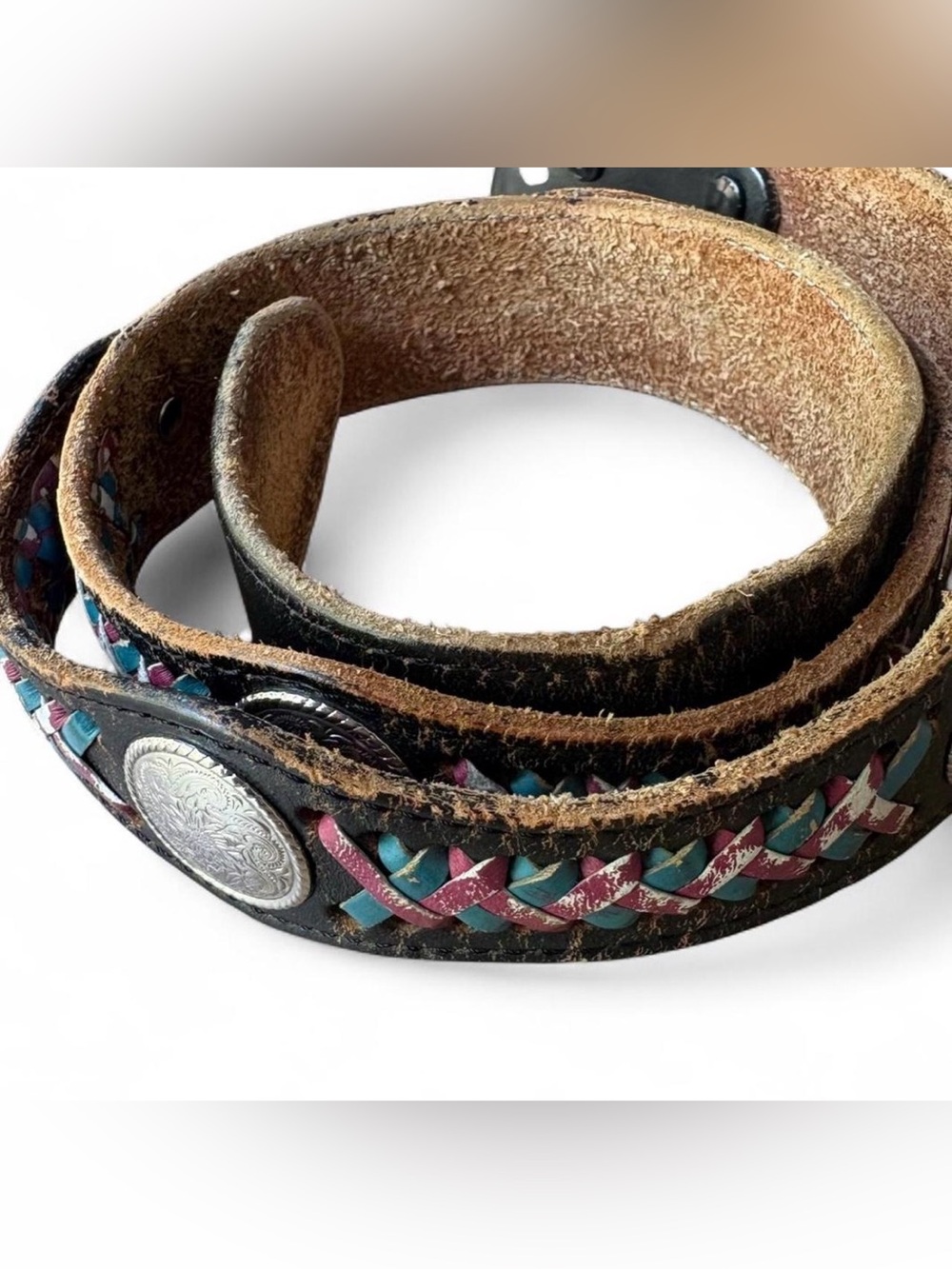 Leather Braided Accent Black Women’s Belt with Turquoise and Pink Detail